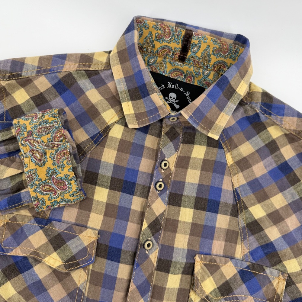 Rock Roll-n-Soul Men Medium Plaid Long Sleeve Western Shirt‎ Flip Cuff